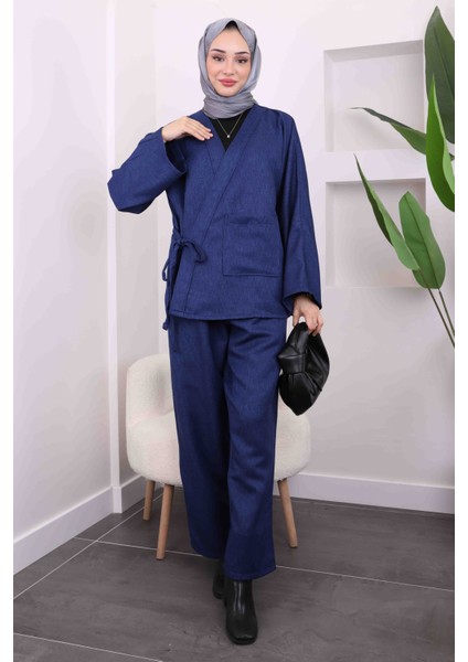 Lacivert Yan Bağlamalı Cepli Kimono Pantolon Takım fiyatları