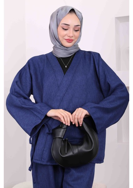 Lacivert Yan Bağlamalı Cepli Kimono Pantolon Takım modelleri