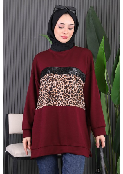 Bordo Önü Leoparlı Modal Tunik