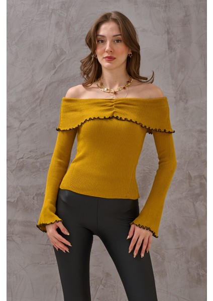 Kadın Madonna Yaka Zarif Dokulu Şık Fitilli Esnek Triko Kazak