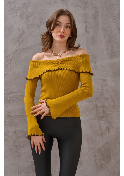 Kadın Madonna Yaka Zarif Dokulu Şık Fitilli Esnek Triko Kazak fiyatları