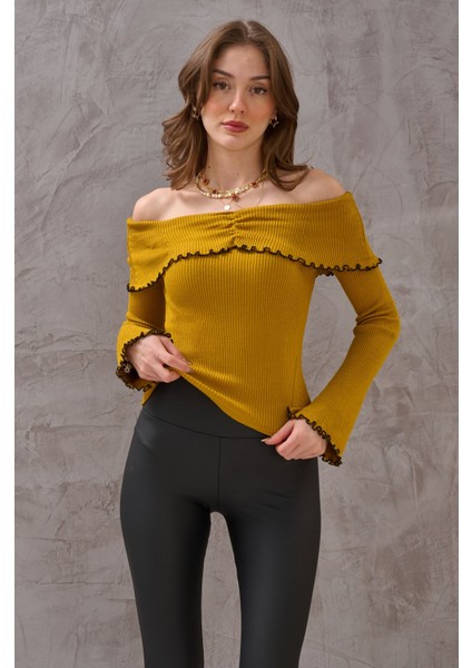 Kadın Madonna Yaka Zarif Dokulu Şık Fitilli Esnek Triko Kazak modelleri