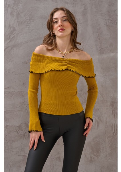 Kadın Madonna Yaka Zarif Dokulu Şık Fitilli Esnek Triko Kazak fırsatları