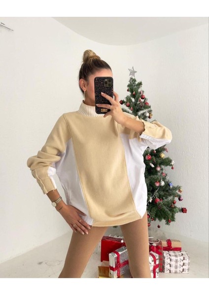 Kadın Premıum Yanı Poplin Tasarımlı Yarım Balıkçı Kazak