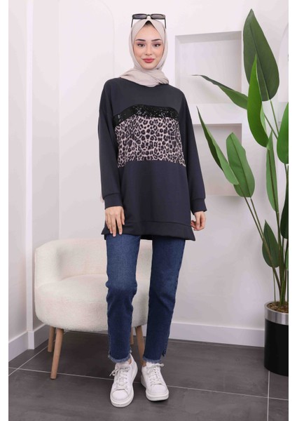 Füme Gri Önü Leoparlı Modal Tunik