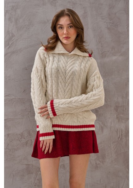 Kadın Polo Şeritli Yaka Ekstra Yumoş Dokulu Örgülü Rahat Modern Kazak