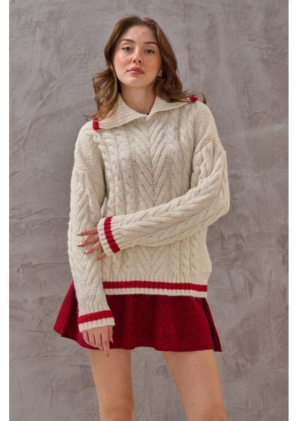 Kadın Polo Şeritli Yaka Ekstra Yumoş Dokulu Örgülü Rahat Modern Kazak modelleri