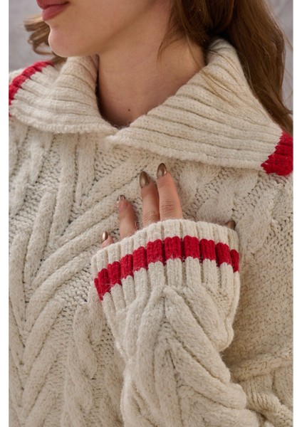 Kadın Polo Şeritli Yaka Ekstra Yumoş Dokulu Örgülü Rahat Modern Kazak fırsatları