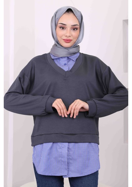 Füme Çizgili Garnili Modal Gömlek Kombinli Sweat fiyatları