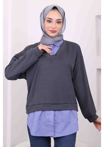 Füme Çizgili Garnili Modal Gömlek Kombinli Sweat modelleri