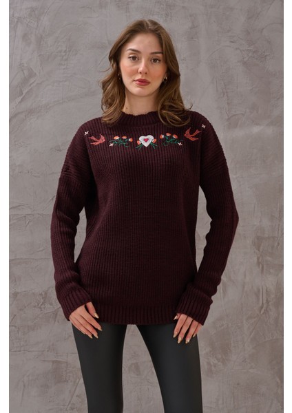 Kadın Önü Premıum Nakışlı Klasik Örme Detay Triko Kazak