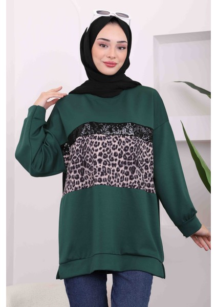 Zümrüt Gri Önü Leoparlı Modal Tunik