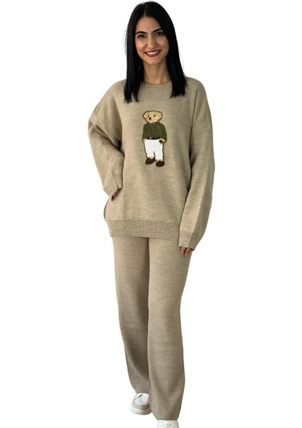 Kadın Uzun Kol Teddy Bear Bisiklet Yaka Triko Kazak Pantolon Takım (Taş)
