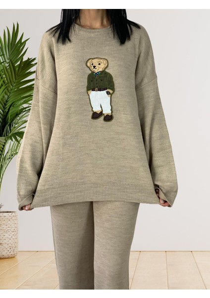 Kadın Uzun Kol Teddy Bear Bisiklet Yaka Triko Kazak Pantolon Takım (Taş)