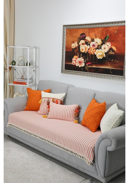 Ponpon ve Püskül Detaylı Çizgili Koltuk Örtüsü 90 x 210 cm ,ko-39