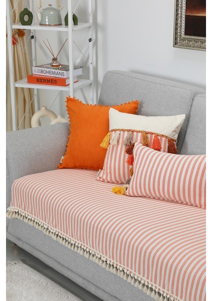Ponpon ve Püskül Detaylı Çizgili Koltuk Örtüsü 90 x 210 cm ,ko-39