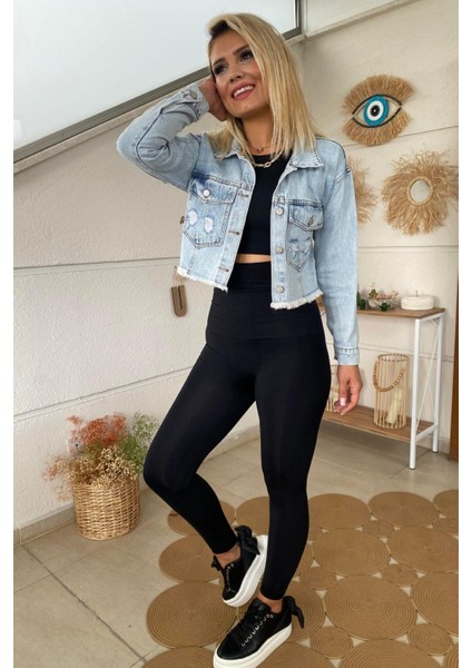 Yırtık Detaylı Crop Jean Ceket