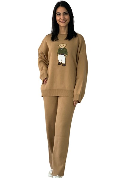 Kadın Uzun Kol Teddy Bear Bisiklet Yaka Triko Kazak Pantolon Takım (Bal)