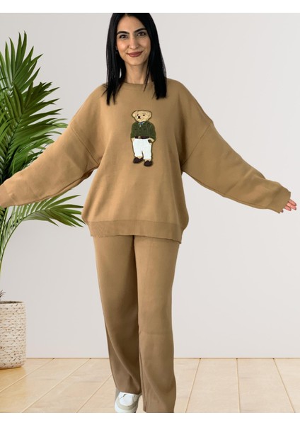 Kadın Uzun Kol Teddy Bear Bisiklet Yaka Triko Kazak Pantolon Takım (Bal)