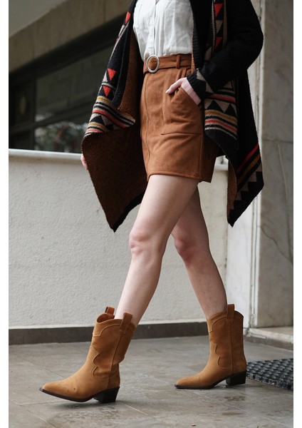 Kadın Sivri Burun Dikiş Detaylı Western Bot Voleta Taba Süet