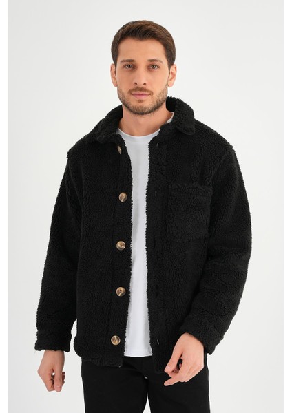 Alexandergardı Düğmeli Siyah Peluş Ceket (AG-POLE-J58-01)