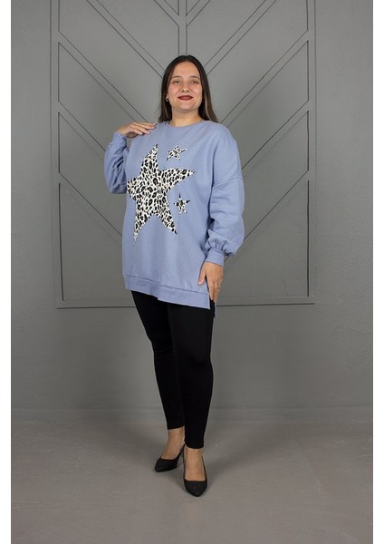 Büyük Beden Yıldızlı Droplu Içi Yünlü Sweatshirt