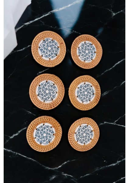 6’lı Bardak Altlığı Seti Doğal Rattan & Seramik Bohem Tarz El Yapımı Şık Sunum (10CM) Oceanpoint