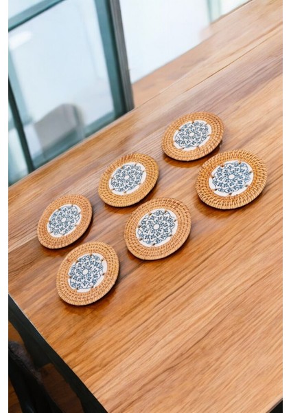 6’lı Bardak Altlığı Seti Doğal Rattan & Seramik Bohem Tarz El Yapımı Şık Sunum (10CM) Oceanpoint modelleri
