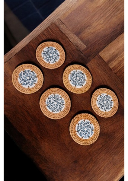 6’lı Bardak Altlığı Seti Doğal Rattan & Seramik Bohem Tarz El Yapımı Şık Sunum (10CM) Oceanpoint fırsatları