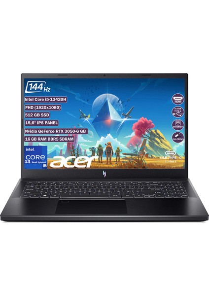 Nitro V 15 ANV15-51 I5 13420H 16 GB 512 GB SSD Rtx 3050-6 GB Freedos 15.6" Fhd IPS Taşınabilir Bilgisayar NH.QNCEY.001+165