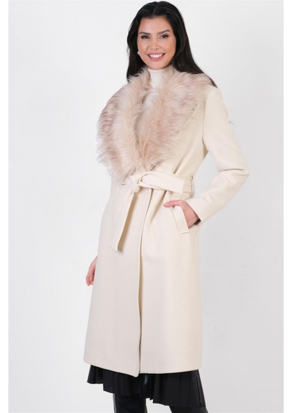 Pivetti Yakası Kürklü Kuşaklı Kaban TAŞ