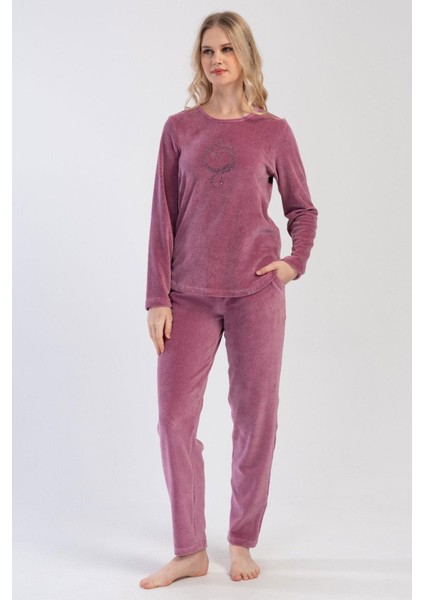 Kadın Kadife Uzun Kol Pembe Pijama Takım C0T8N0O304