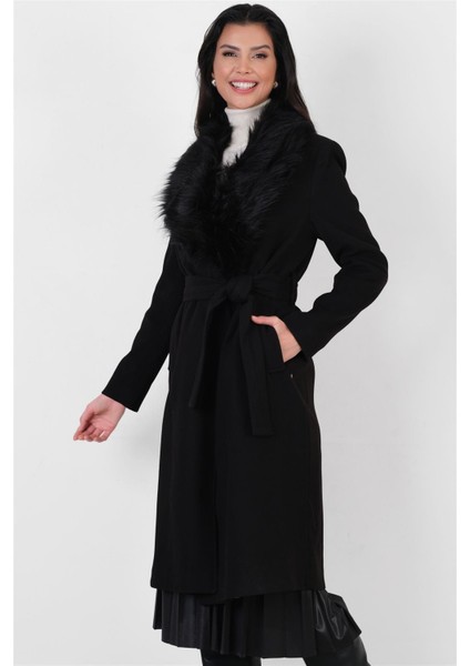 Pivetti Yakası Kürklü Kuşaklı Kaban SİYAH