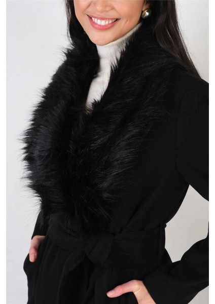 Pivetti Yakası Kürklü Kuşaklı Kaban SİYAH fiyatları