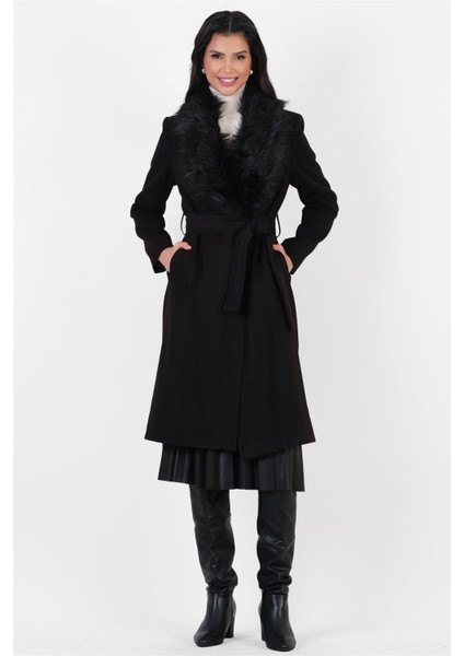 Pivetti Yakası Kürklü Kuşaklı Kaban SİYAH fırsatları