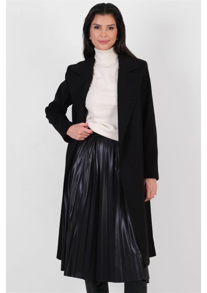 Pivetti Yakası Kürklü Kuşaklı Kaban SİYAH indirimleri