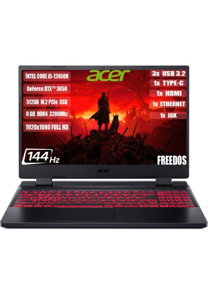 Nitro 5 AN515-58-544K Intel I5-12450H 8gb 512GB RTX3050 15.6" Fhd 144hz Freedos Taşınabilir Bilgisayar NH.QFJEY.007