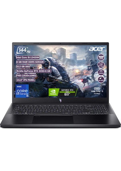 Nitro V 15 ANV15-51 Intel Core I5 13420H 8 GB 512 GB SSD RTX 3050-6 GB Freedos 15.6" FHD IPS Taşınabilir Bilgisayar NH.QNCEY.001