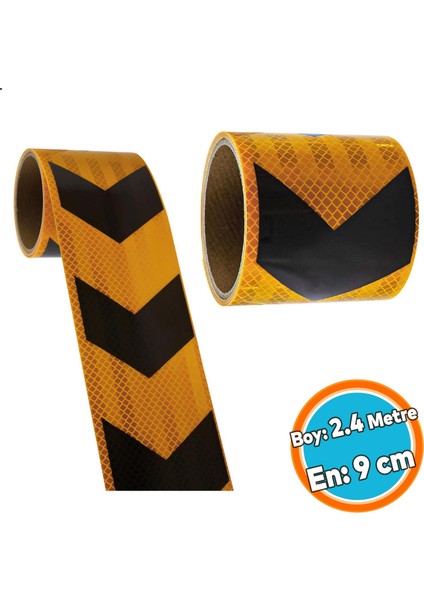 Sarı Siyah Işaretli Yönlendirme Reflektörlü Reflektif Şerit Bant 9 cm Ikaz Bandı Yapışkanlı 2.4 mt
