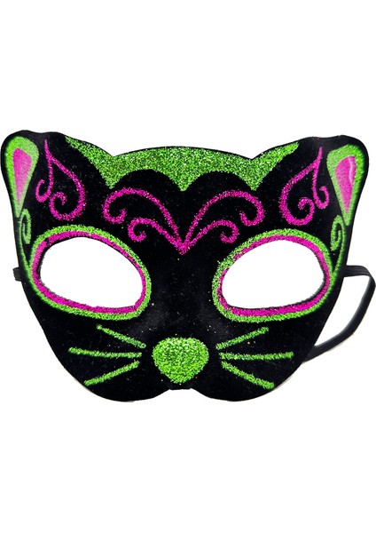 Siyah Kadife Kaplama Üzeri Pembe Yeşil Sim Işlemeli Kedi Maskesi 20 x 13 cm (4886)