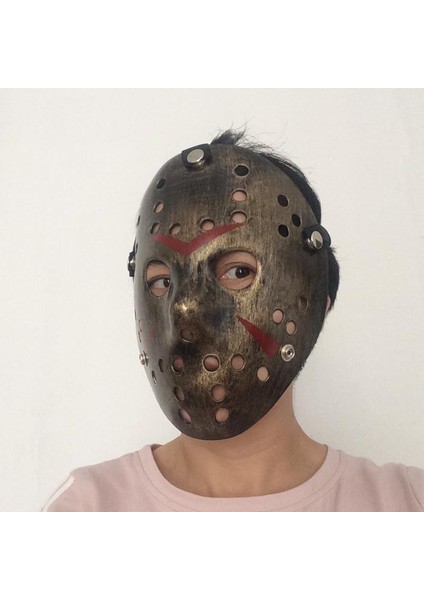 Bakır Renk Kırmızı Çizgili Tam Yüz Hokey Jason Maskesi Hannibal Maskesi (4886)