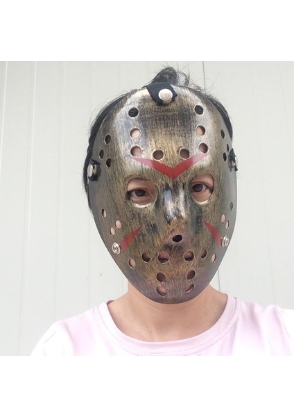 Bakır Renk Kırmızı Çizgili Tam Yüz Hokey Jason Maskesi Hannibal Maskesi (4886)