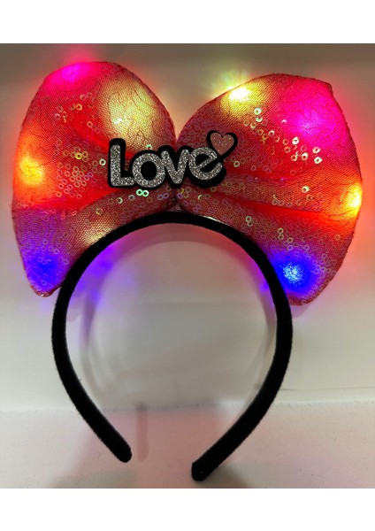 LED Işıklı 3 Farklı Fonksiyonda Yanan Gümüş Love Yazılı Fuşya Pembe Fiyonk Taç 20 x 17 cm (4886)