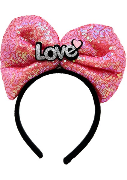 LED Işıklı 3 Farklı Fonksiyonda Yanan Gümüş Love Yazılı Fuşya Pembe Fiyonk Taç 20 x 17 cm (4886)