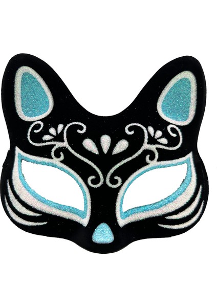 Siyah Renk Süet Kaplama Üzeri Gümüş Mavi Simli Kedi Maskesi 17X14 cm (4886)