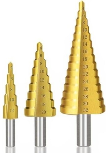 3 Lü Set Matkap Ucu Kademeli Sac Delme Aparatı Hss Titanyum Kaplama (4886)
