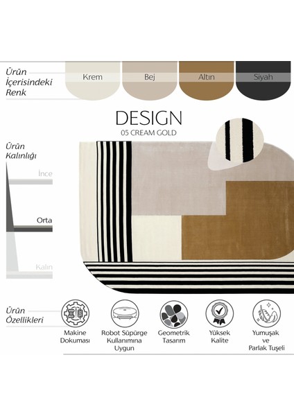 Design 05 Krem Gold Salon Halısı Geometrik Desen Sık Dokuma Modern Oturma Odası Halısı