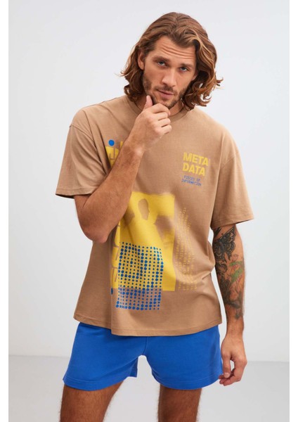 Structure Relaxed Oversize Bej T-Shirt