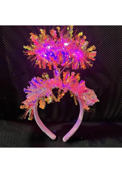 Pembe Renk Pembe Işıltılı Püsküllü LED Işıklı Parlak Hologramlı Taç 25X12 cm (4886)