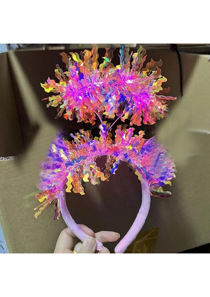 Pembe Renk Pembe Işıltılı Püsküllü LED Işıklı Parlak Hologramlı Taç 25X12 cm (4886)